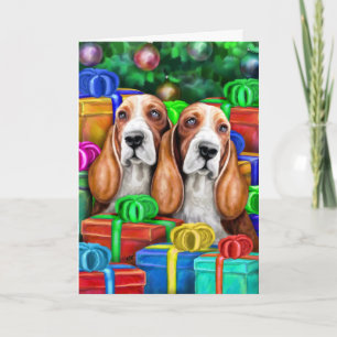 Cartão De Festividades Presentes Abertos de Natal do Basset Hound