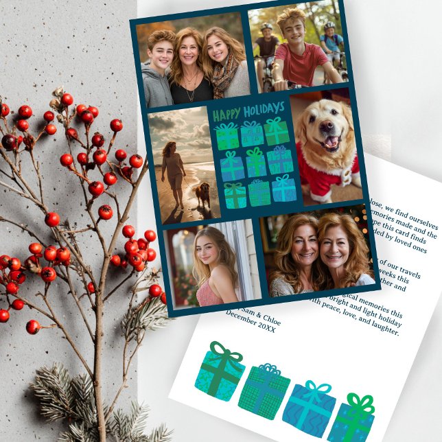 Cartão De Festividades Presentes Bonitos Apresentam FOTO PERSONALIZADA 6  (Cute Gifts Presents Hand-Drawn CUSTOM 6 PHOTO Blue Green Christmas Holiday Card
)