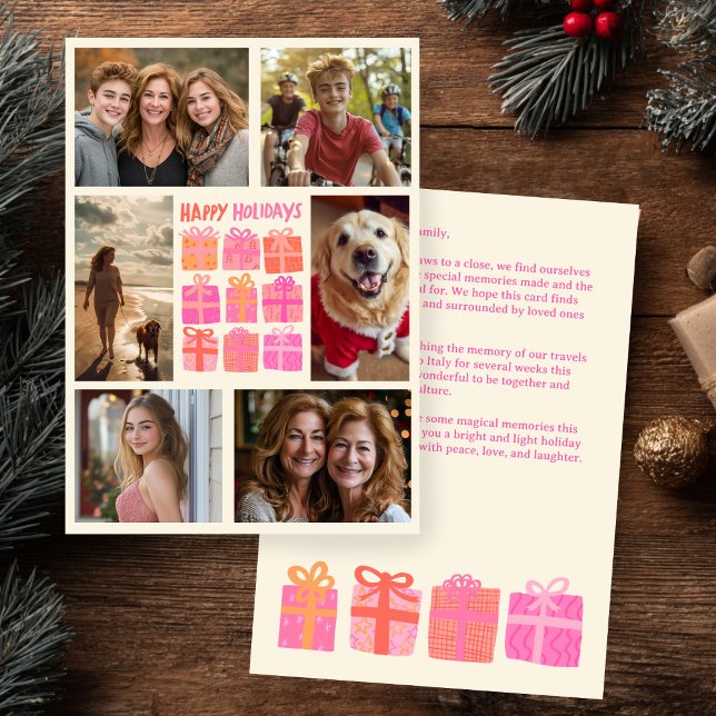 Cartão De Festividades Presentes Bonitos Apresentam FOTO PERSONALIZADA 6  (Cute Gifts Presents Hand-Drawn CUSTOM 6 PHOTO Pink Christmas Holiday Card
)