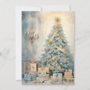Cartão De Festividades Presentes de árvore de Natal vintage azul dourado