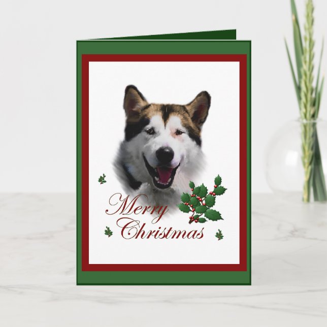 Cartão De Festividades Presentes de Natal no Alaska Malamute (Frente)