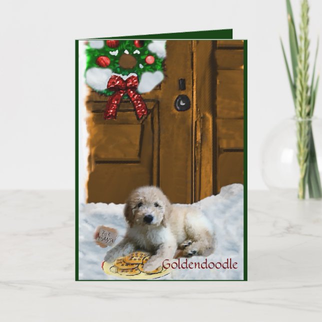 Cartão De Festividades Presentes do Natal de Goldendoodle (Frente)
