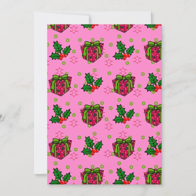 Cartão De Festividades Presentes e azevinho rosa (Frente)