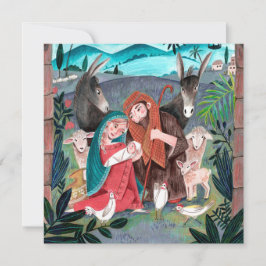 Cartão De Festividades Presépio religioso azul, Maria e José vermelhos