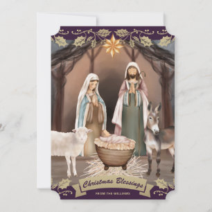 Cartão De Festividades Presépio Roxo Cena de Natal Cristão