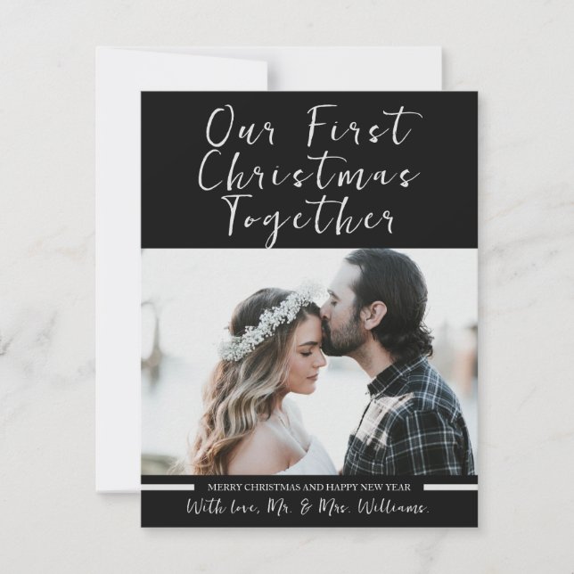 Cartão De Festividades Preto e Branco Nossa Primeira Foto De Natal Recém- (Frente)