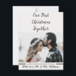 Cartão De Festividades Preto e Branco Nossa Primeira Foto de Natal Recent<br><div class="desc">Um cartão de Natal elegante e moderno para recém-casados. Com uma moda manuscrita Nosso Primeiro Natal Juntos. E uma foto de casal casada que é personalizável para colocar a sua. Sob ele,  um Feliz Natal e Feliz ano novo desejo. Com o Sr. e a Sra. em um texto elegante.</div>