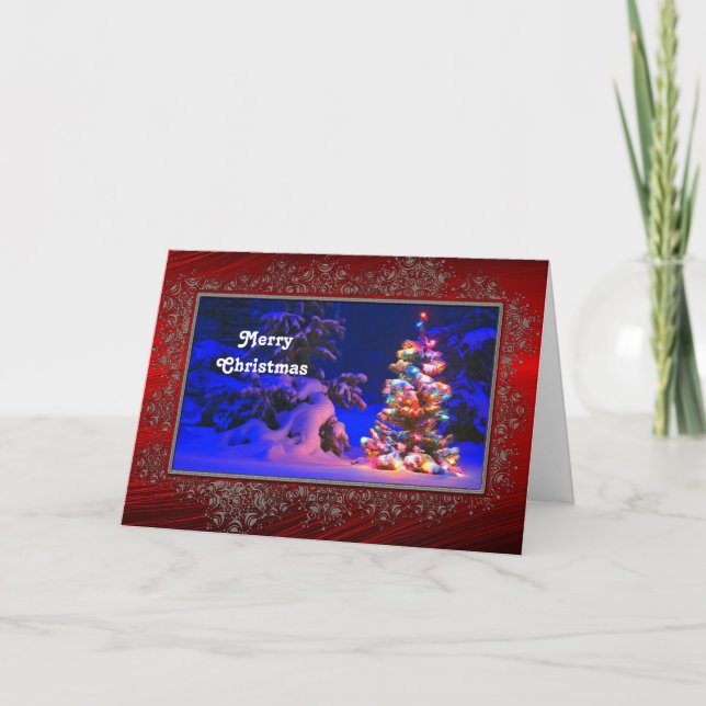 Cartão De Festividades Pretty Christmas Tree Lights Snow Photo (Frente)
