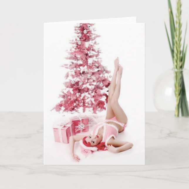 Cartão De Festividades Pretty In Pink PinUp Girl Christmas Greeeting Card (Frente)