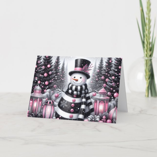 Cartão De Festividades Pretty Pink and Black Snowman Christmas (Frente)