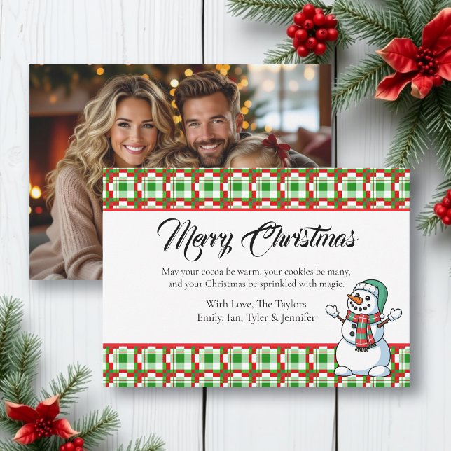 Cartão De Festividades Pretty Plaid Snowman Photo Template Christmas (Criador carregado)
