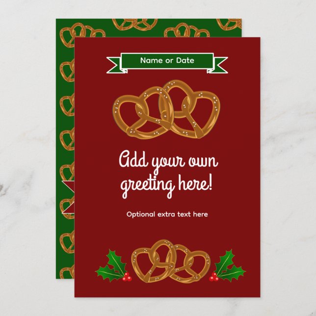 Cartão De Festividades Pretzels de Feriado em Vermelho & Verde - texto /  (Frente/Verso)