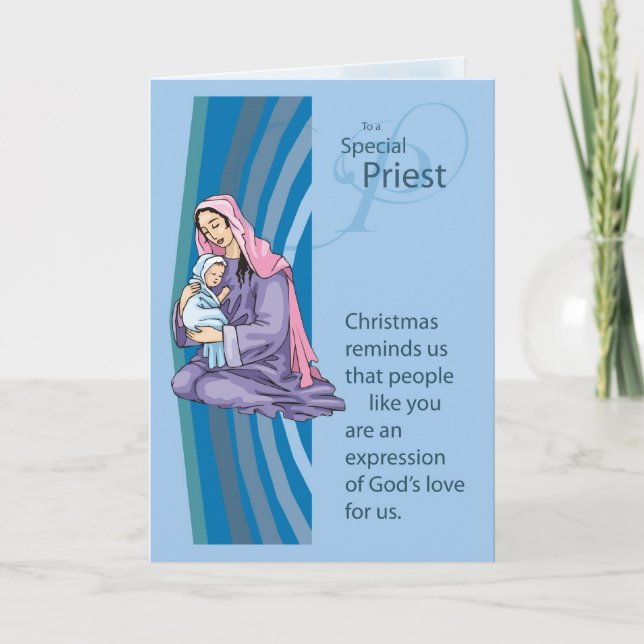 Cartão De Festividades Priest Christams Card with Mary and Infant Jesus (Frente)
