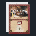 Cartão De Festividades Prim Country Snowman Photo Christmas Card<br><div class="desc">This Prim Country Snowman Photo Christmas Card features my mouse drawn art. Customize with your own text and photo!</div>
