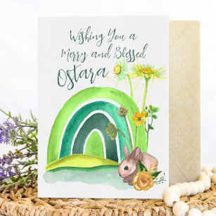 Cartão De Festividades Primavera Bunny Rainbow Ostara Floral Pagan