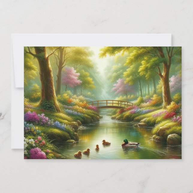 Cartão De Festividades Primavera com patos/flores (Frente)