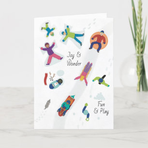 Cartão De Festividades Primeira Neve Crianças de Inverno Brincando Anjos 