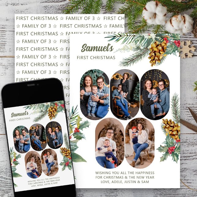 Cartão De Festividades Primeiro Natal 5 Foto Holly e Pine New Baby (First Christmas New Baby Photo Holiday Card from Rounded Lozenge Photo Collage collection)