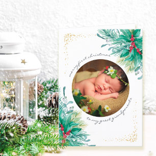 Cartão De Festividades Primeiro Natal Azevinho e Bebê de Musgo Foto Hol