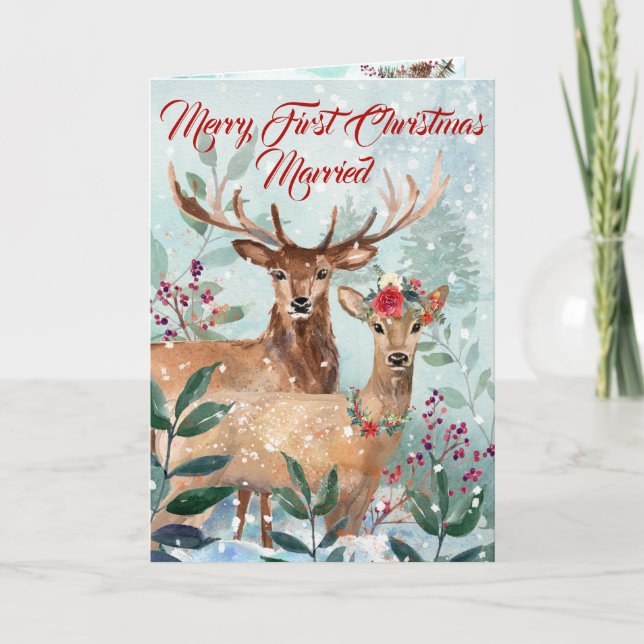 Cartão De Festividades "Primeiro Natal Casado" Moderna Aquarela (Frente)