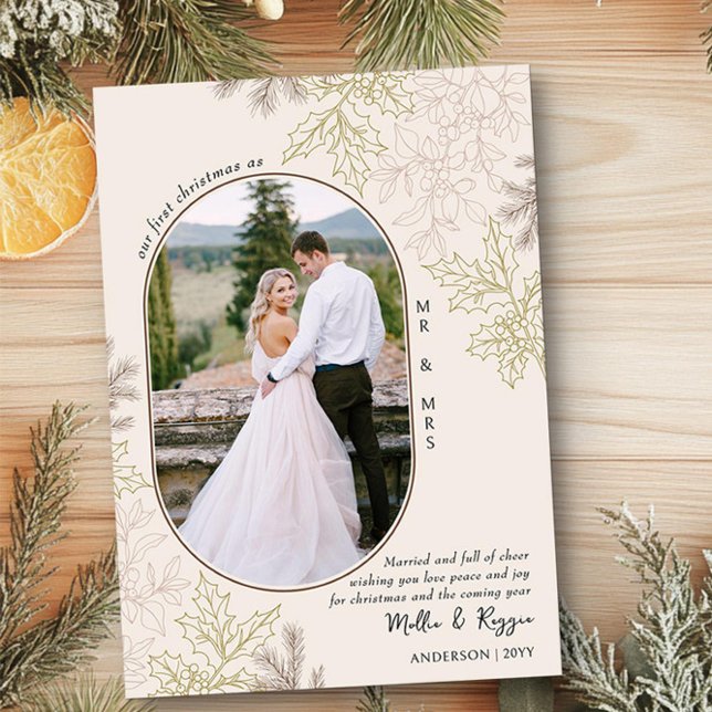 Cartão De Festividades Primeiro Natal como Sr. e Sra. Oval Foto (First christmas as Mr and Mrs Christmas Photo Card by Darling & May)