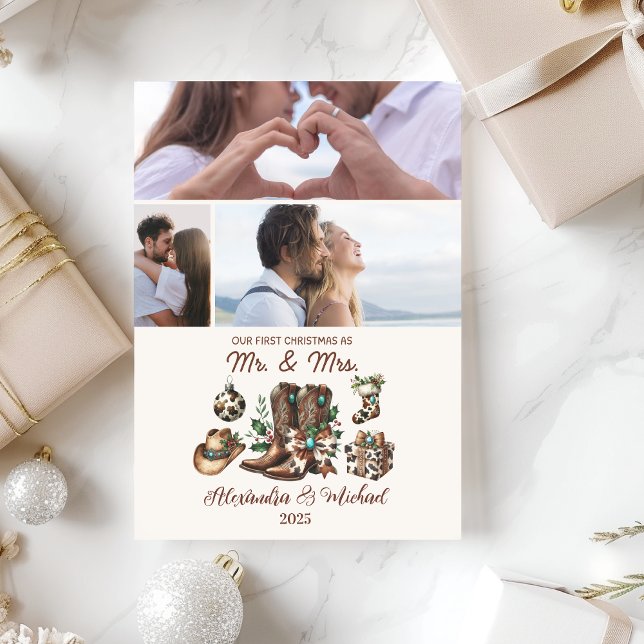 Cartão De Festividades Primeiro Natal como Sra e Sr 3 Fotos  (Criador carregado)