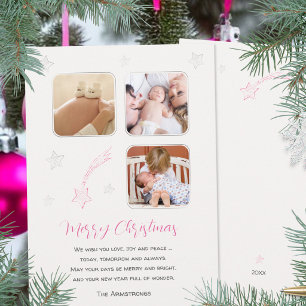 Cartão De Festividades Primeiro Natal da Menina Rosa Estrelas Foto