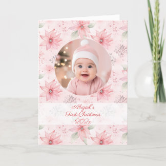 Cartão De Festividades Primeiro Natal do Bebê de Foto Floral Rosa