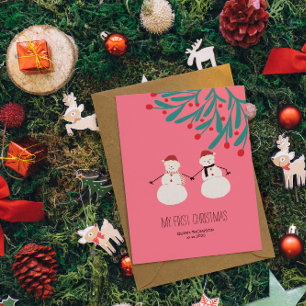 Cartão De Festividades Primeiro Natal do Bebê - fofo Duo de Boneco de Nev