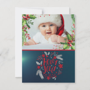Cartão De Festividades Primeiro Natal do Bebê, Folhas de Azevinho, Foto,