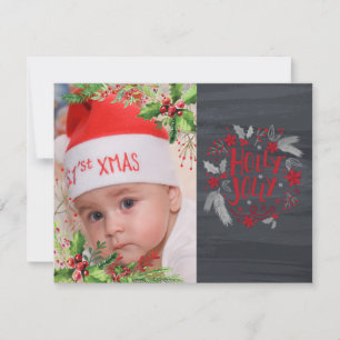 Cartão De Festividades Primeiro Natal do Bebê, Folhas de Azevinho, Foto