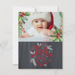 Cartão De Festividades Primeiro Natal do Bebê, Folhas de Azevinho, Foto d