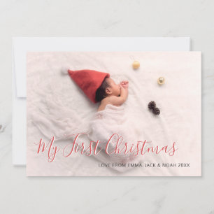 Cartão De Festividades Primeiro Natal do Bebê Foto da Família com Letreir