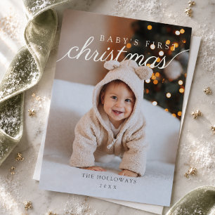 Cartão De Festividades Primeiro Natal do Bebê Foto Moderna