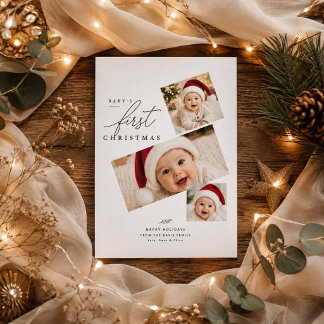 Cartão De Festividades Primeiro Natal do Bebê Moderno Três Fotos Feriado