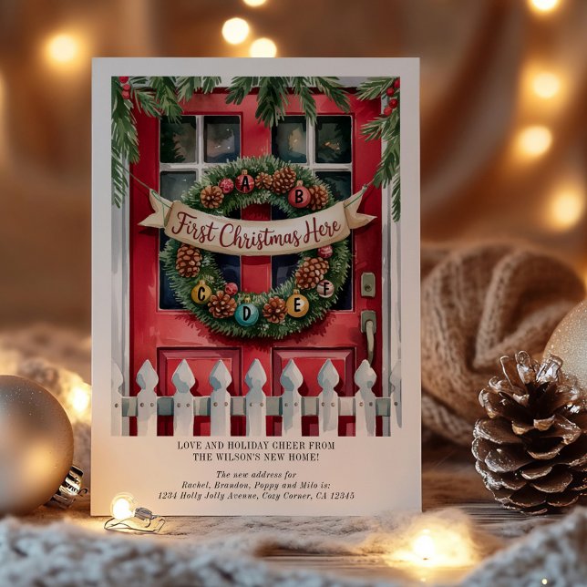 Cartão De Festividades Primeiro Natal em Nova Terra Natal com Iniciais (Christmas Card from New Home .. Holiday Moving Announcement collection by Darling & May)