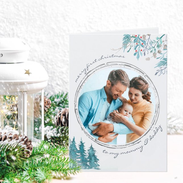 Cartão De Festividades Primeiro Natal Foto do bebê da Floresta de Inverno (Criador carregado)