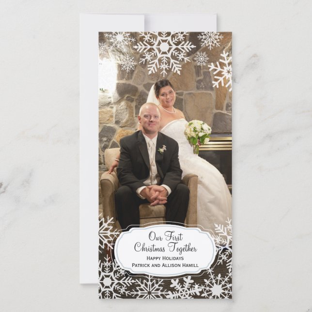 Cartão De Festividades Primeiro Natal Juntos - Floco de Neve Elegante (Frente)