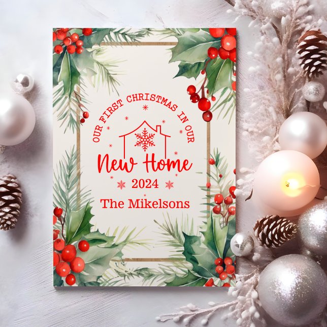 Cartão De Festividades Primeiro Natal No Nosso Novo Verdade Doméstico (Criador carregado)