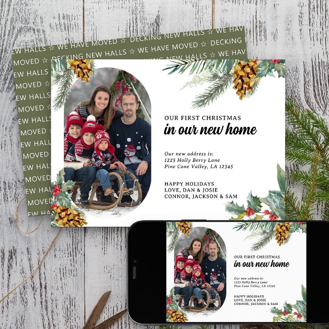 Cartão De Festividades Primeiro Natal Novo Lozenge Foto Holly Pine (First Christmas New Home Photo Holiday Card from Rounded Lozenge Photo Collage collection)