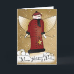 Cartão De Festividades Primitive Angel Snowman with Star Christmas Card<br><div class="desc">An adorable primitive angel snowman all decked out in a red plaid coat is featured on this festive greeting card. The card features primitive,  country artwork with "Warm Holiday Wishes" on the cover and there is text inside,  that can be easily customized with your information.</div>