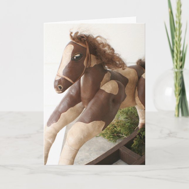 Cartão De Festividades Primitive Folk Art Christmas Card - Rocking Horse (Frente)