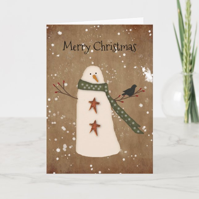 Cartão De Festividades Primitive Snowman Christmas Card (Frente)
