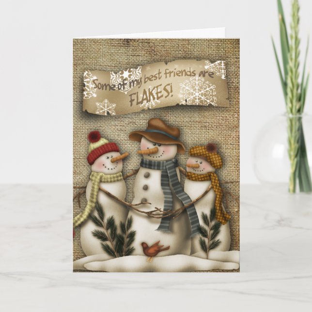 Cartão De Festividades Primitive Snowman Christmas Greeting Card (Frente)