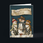 Cartão De Festividades Primitive Snowman Christmas Greeting Card<br><div class="desc">Primitive Christmas greeting card with a snowman reliaxing in the night sky with the snow flakes falling..</div>