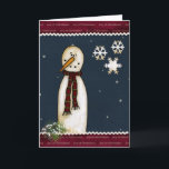 Cartão De Festividades Primitive Snowman Christmas Greeting Card<br><div class="desc">Primitive Christmas greeting card with a snowman reliaxing in the night sky with the snow flakes falling..</div>