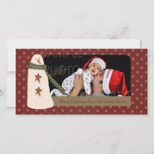 Cartão De Festividades Primitive Snowman Holiday Photo Card