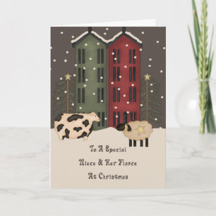 Cartão De Festividades Primitivo Vaca Ovelinha Noece Fiance Natal