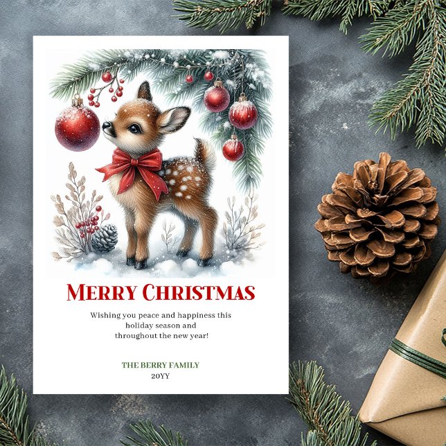 Cartão De Festividades Printable Baby Fawn Christmas Scene Watercolor  (Printable Baby Fawn Christmas Scene Watercolor Greeting Card

)