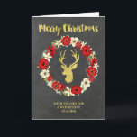 Cartão De Festividades Professora de Natal Deer Wreath Dourada Chalkboard<br><div class="desc">Feliz Natal para os professores cumprimentarem cartão com padrões rústicos de painéis de galinheiro,  coroa vermelha e branca e veados de ouro com galinheiro.</div>